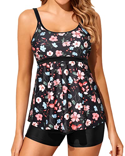 Modest Tankini Swimsuits For Women Two Piece Bathing Suits Boy Shorts-Black Floral