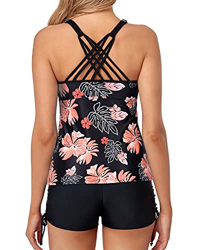 Athletic Women's Tankini Swimsuits High Waisted Boy Shorts-Black Orange Floral