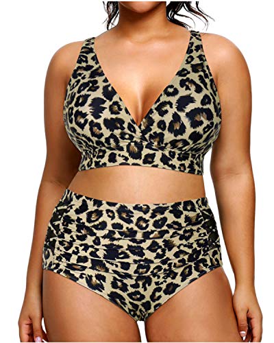 Women's Plus Size High Waisted Bikini Two Piece Swimsuits-Leopard