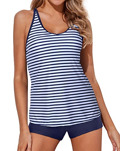 Two Piece Tankini Swimsuits Tummy Control Boy Short-Blue White Stripe