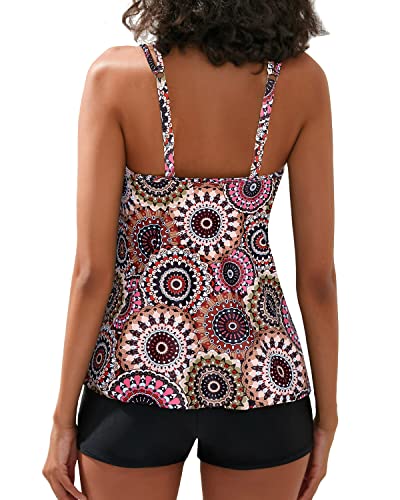 Flowy Tankini Tops Removable Push Up Bra And Boy Shorts Swimwear-Brown Print