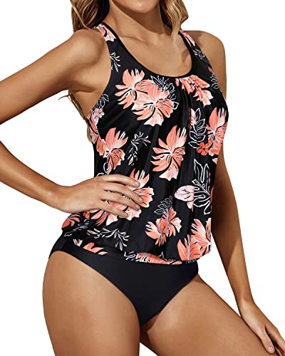 Racerback Women's Tankini Swimsuits High Waisted Bottom-Black Orange Floral