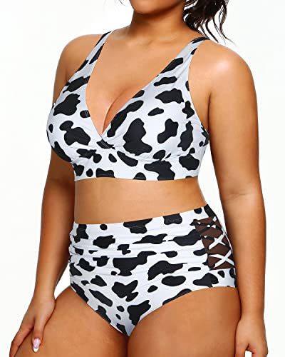 Plus Size High Waisted Bikini Two Piece Swimsuits Tummy Control Swimwear-Black And White Cow Pattern