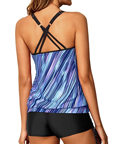 Slimming Criss Cross Back Blouson Tankini Swimsuits Boy Shorts-Blue And Black Stripe