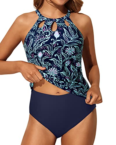 Stylish Keyhole Design Tummy Control Tankini Bathing Suit-Blue Floral