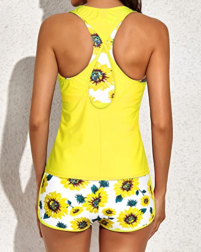 Athletic Tankini Shorts Swim Tank Tops And Boyshorts Bathing Suits 3 Piece Tankini-Yellow And Sunflower