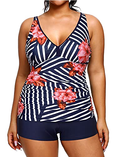 Tummy Control Tankini Two Piece Bathing Suits Plus Size Swimsuits Shorts-Blue Floral