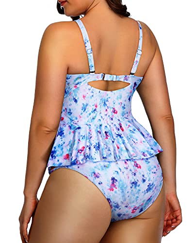 Lace Up Peplum Tankini Tops High Waisted Swimwear For Women-Blue Tie Dye