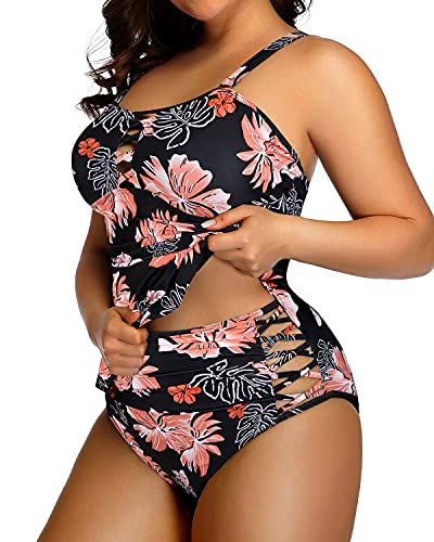 Plus Size Peplum Tankini Tops High Waisted Swimwear-Black Orange Floral