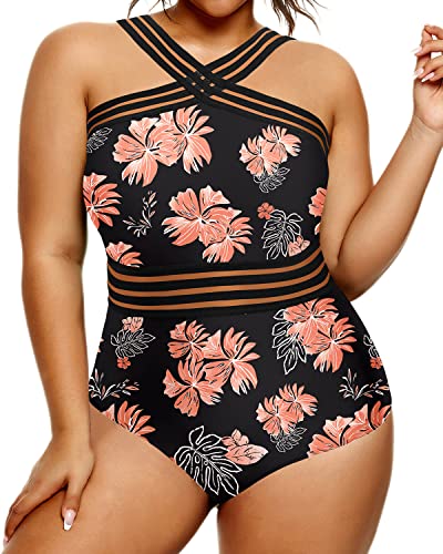 Strapless Monokinis One Piece Swimsuit For Plus Size Women-Black Orange Floral