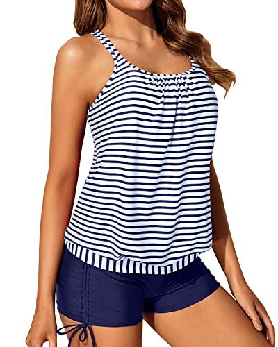 Athletic Strappy Criss Cross Back Swimsuits Full Coverage Boy Shorts-Blue White Stripe