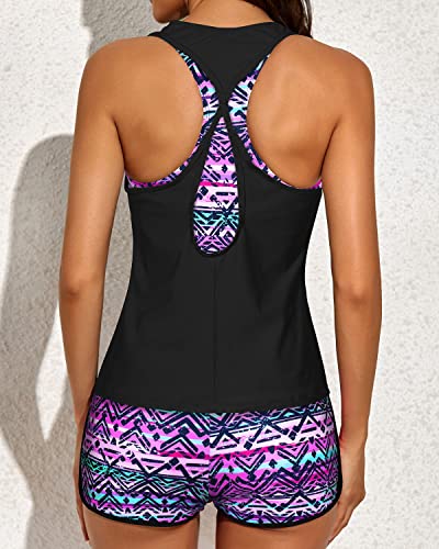 Women's 3-Piece Athletic Tankini Loose Tank Top And Padded Sports Bra-Black And Tribal Purple