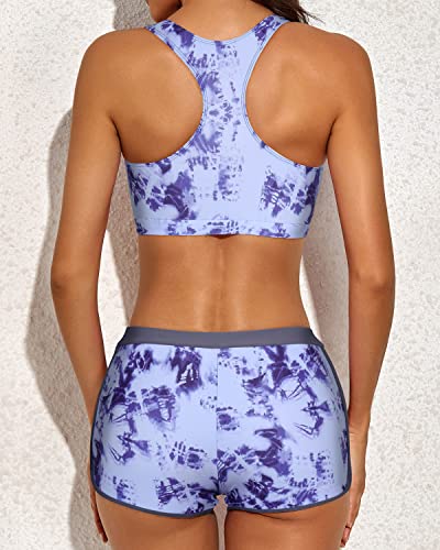 Stylish Open Back Tankini Top Sports Bra And Boyshorts Tankinis-Gray Blue Tie-Dye