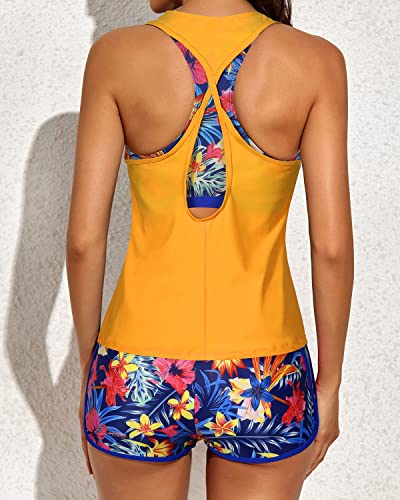 Loose U-Neck Tankini Sports Bra And Boyshorts Bathing Suits 3 Piece Tankini-Yellow Floral