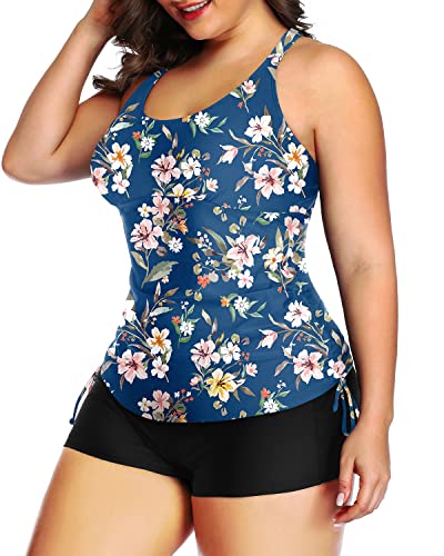 Women's Plus Size Flattering Tankini Set To Hide Mom Belly 2 Piece Swimwear-Blue Flower