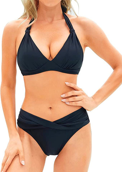 Retro Two Piece Bathing Suits Push Up Bikini Set Halter Swimsuit Vintage Swimwear-Black