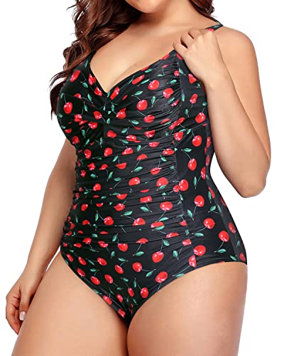 Tummy Control Ruched One Piece Bathing Suits For Curvy Women-Black Cherry