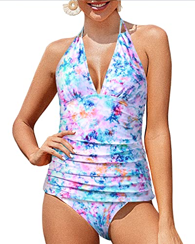 Flattering And Sexy V Neck Tankini Tops Bikini Bottom Two Piece Tankini-White Tie Dye