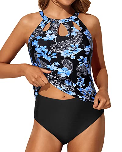 Tummy Control High Neck Tankini High Waisted Swim Shorts-Black Floral