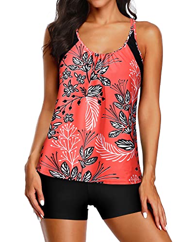 Athletic Tank Top Boy Shorts Two Piece Tankini Swimsuits For Women-Red Floral