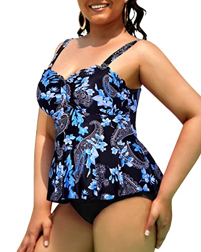 Plus Size 2 Piece Tankini Swimsuits Tummy Control Bathing Suits-Black Floral