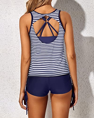 Versatile 3 Piece Bathing Suit Removable Backless Tankini-Blue And White Stripes