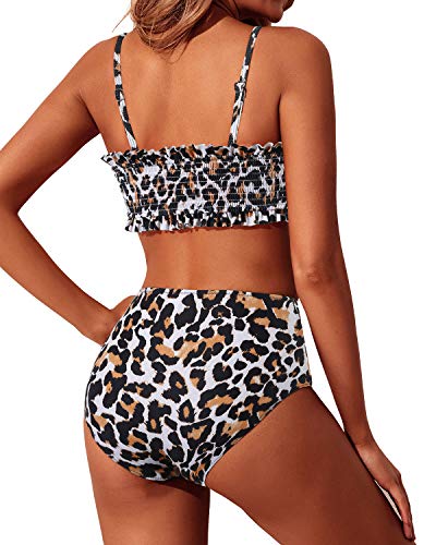 Two Piece Smocked Swimsuits Ruffle Off Shoulder Bathing Suit-Leopard