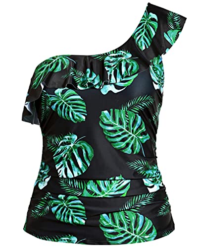 One Shoulder Tankini Tops Ruffle Flounce Ruched Swimsuit Tops-Black And Green Leaf