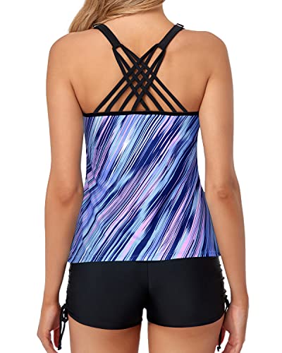 Scoop Neck Tummy Control Bathing Suits Shorts Modest Tank Tops-Blue And Black Stripe