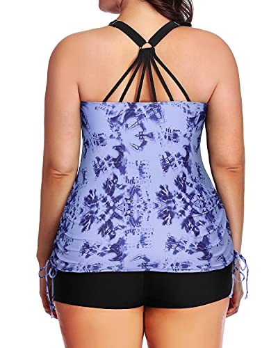 Push Up Bra Tighten Drawstring Pleated Hem Strappy Tankini-Blue Tie Dye