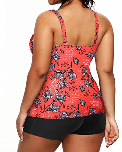 High Waisted Plus Size Swimsuits Shorts Tummy Control Tankini Bathing Suits-Red Floral
