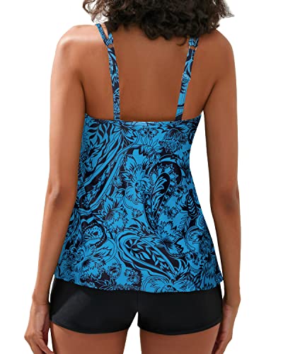 Women's U Neckline Tankini Tops & Boy Shorts Juniors Bathing Suit-Black And Tribal Blue