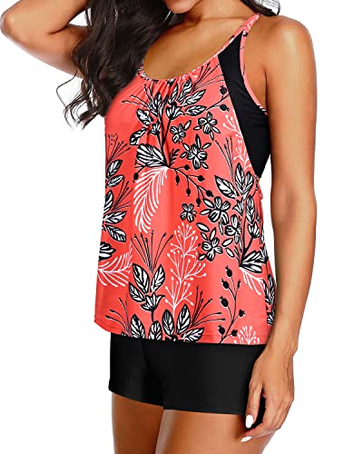 Athletic Tank Top Boy Shorts Two Piece Tankini Swimsuits For Women-Red Floral