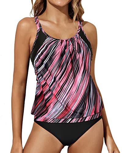 Women Two Piece Tankini Blouson Top And Bottom Sporty Swimsuits-Black And Pink Stripes