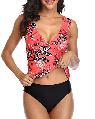 2 Piece Sexy Falbala Flounce Tankini Swimsuits Ruched Bathing Suits-Red Floral