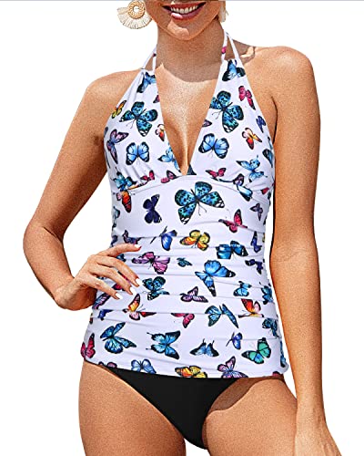 Open Back Tropical Style Tankini Swimsuits Bikini Bottom For Women-White Butterfly