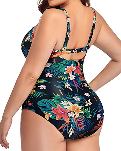 One Piece Swimsuits Tummy Control Bathing Suits Twist Front Ruched Swimwear-Black Flower