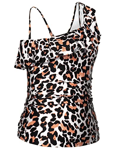Flirty Ruffle Detail One Shoulder Tankini Tops Push Up Bra For Women-Leopard
