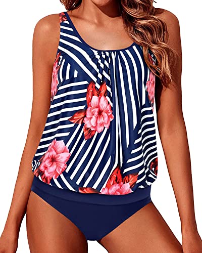 Push Up Sewn-In Bra Cups Ladies Swimsuits Tankini-Blue Floral