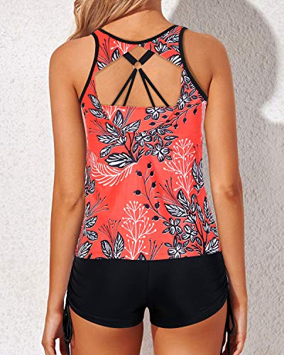 Women's Swimwear Strappy Criss Cross Backless Tankini-Red Floral