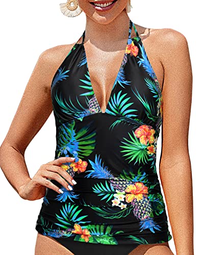 V Neck Halter Tankini Top Double Straps Shirred Open Back Swimwear-Black Pineapple