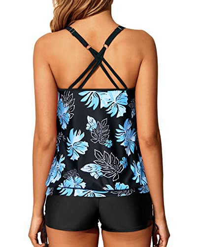 Slimming Adjustable Shoulder Straps Blouson Tankini Bathing Suits-Black Blue Floral