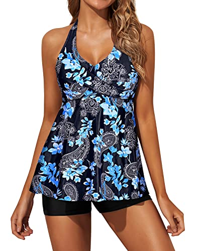 Two Piece Halter Neck Tankini Bathing Suits For Women Shorts-Black Floral