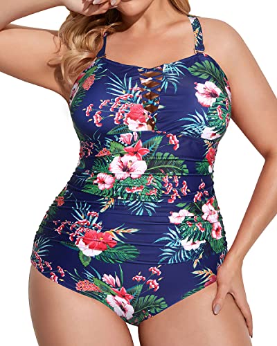 Women's Criss Cross Back Tummy Control Plus Size One Piece Swimsuit-Blue Floral