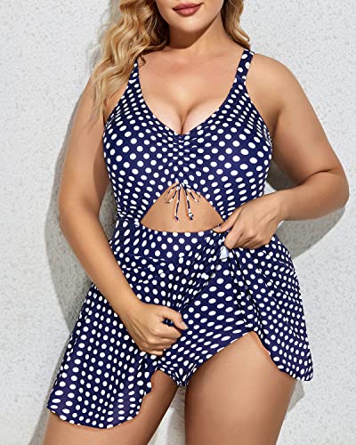Plus Size Tie Front One Piece Swimsuits For Women-Navy Blue Polka Dot