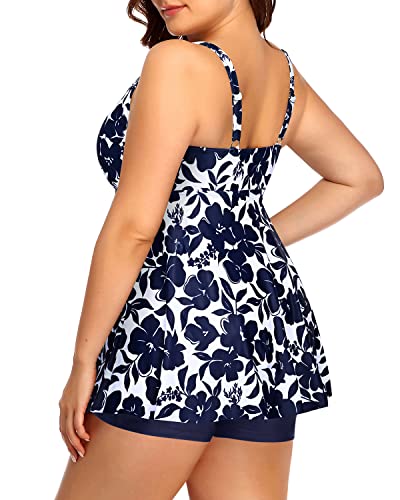 Flowy Plus Size Tankini Swimsuits For Women-Navy Blue Flowers