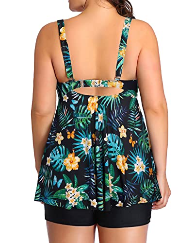 Flattering Plus Size Tankini Swimsuits Shorts For Women-Black Leaf