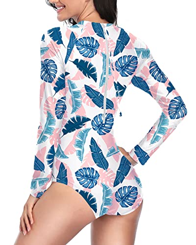 Full Coverage Bathing Suit Built-In Bra Zipper Rash Guard For Women-Blue And Pink Leaf