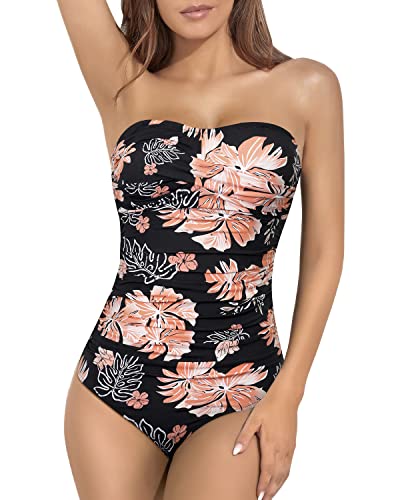 Women's Strapless One Piece Swimsuit Tummy Control Bandeau Bathing Suit-Black Orange Floral