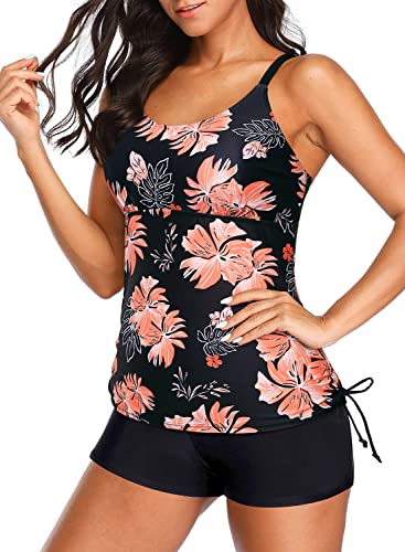 Athletic Two Piece Long Torso Tankini Swimsuits For Women-Black Orange Floral